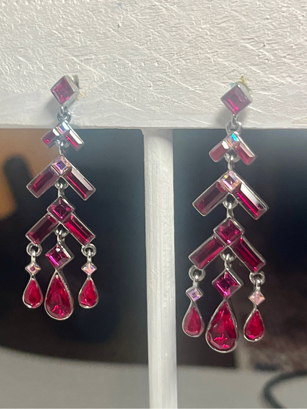 Vintage Givenchy Red Chevron Crystal Chandelier Drop Earrings